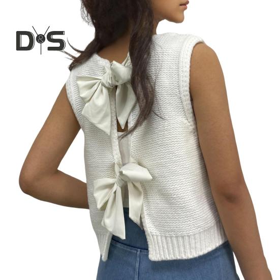Women Knitted Vest Round Neck Sleeveless Crop Tank Back Bow Tie Decor Hollow Back Solid Color Sweater Vest