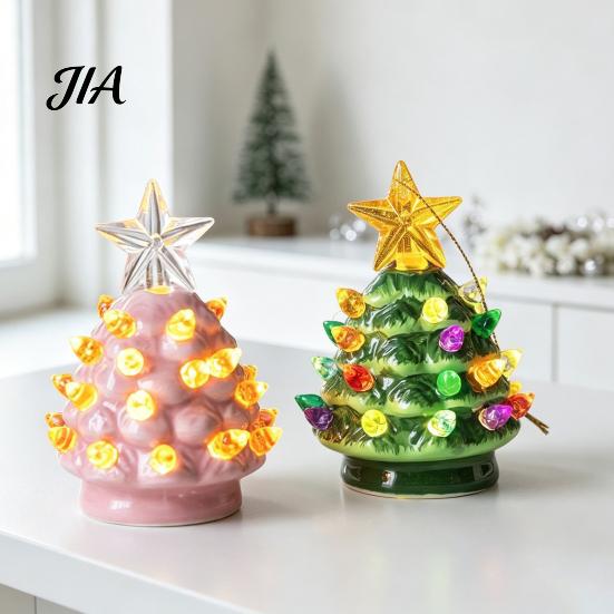 Mini Christmas Tree Decorations Ornament, Glowing Retro Resin Tabletop Decor with Star Charming Home Holiday Displays Topper, Vintage Xmas Trees Night