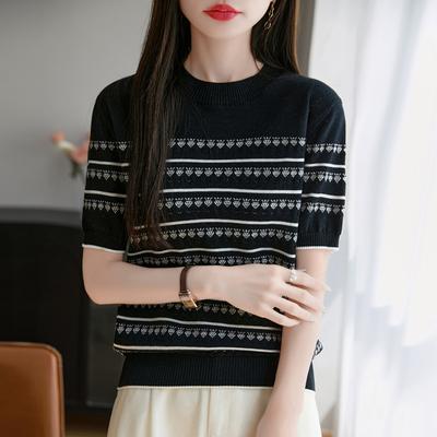 T-shirt Top d'été pour femmes en pur coton à col rond tricoté ajouré à manches courtes, nouveau, tendance et polyvalent avec motif de fleur en losange
