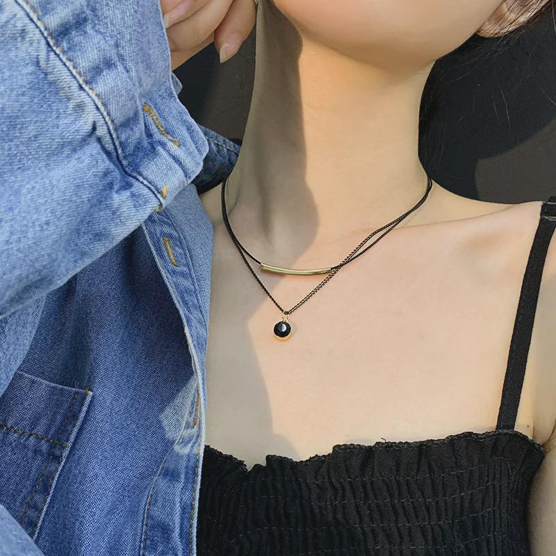 Black Double Leather Crystal Clavicle Necklace - European & American Style.