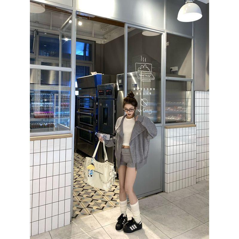 Kumikumi Stylish Gray Double Zipper Long Sleeves Sweaters Women's Clothing Fall Retro Casual Loose-Fitting Coat Top