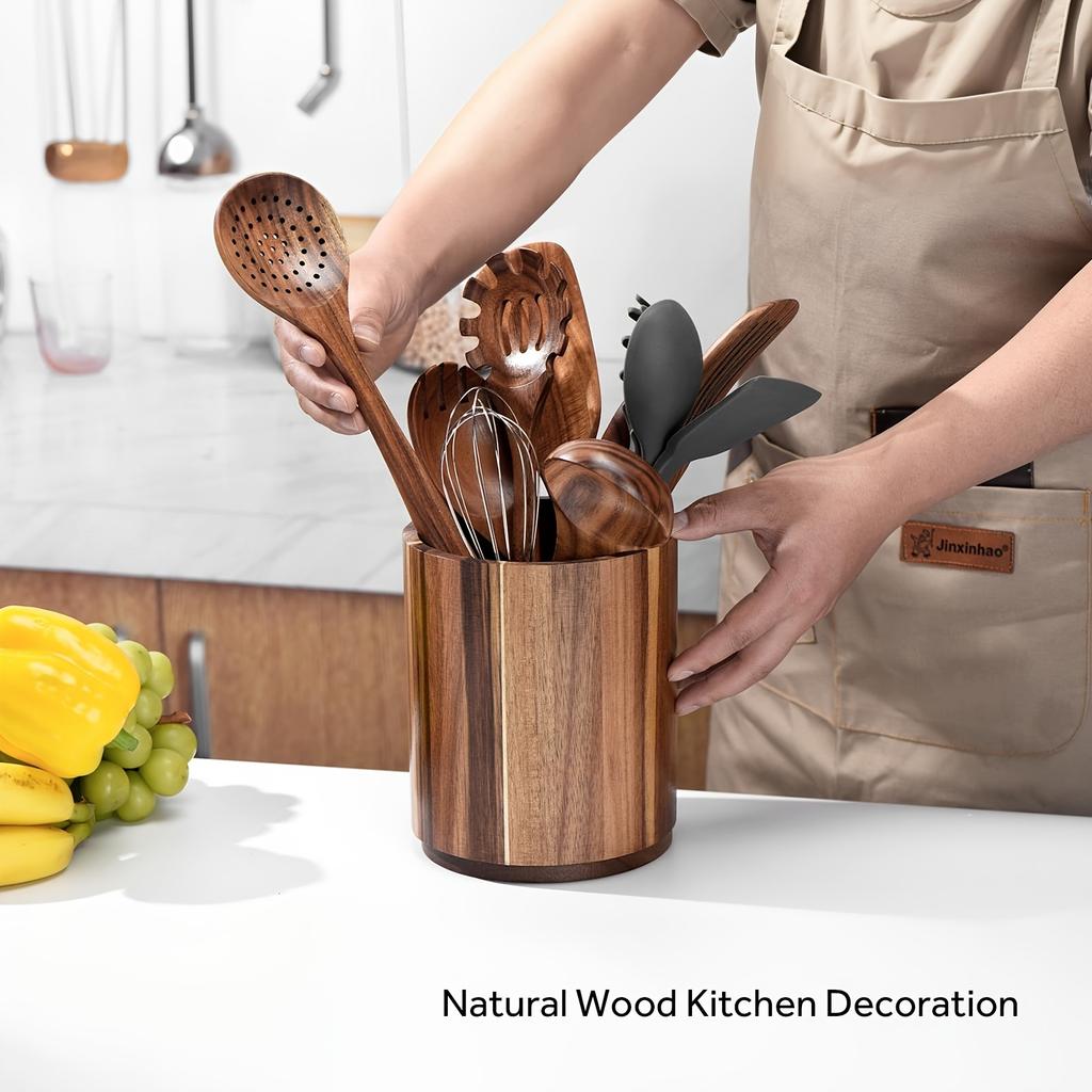 Extra Large Acacia Wood Utensil Holder - 360° Rotating Countertop Organizer, 19.3cm Kitchen Storage for Spoons, Whisks