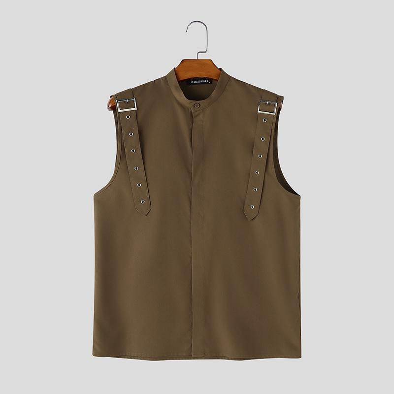INCERUN Oversized Men Stand Neck Sleeveless Buttons Casual Loose Tank Tops