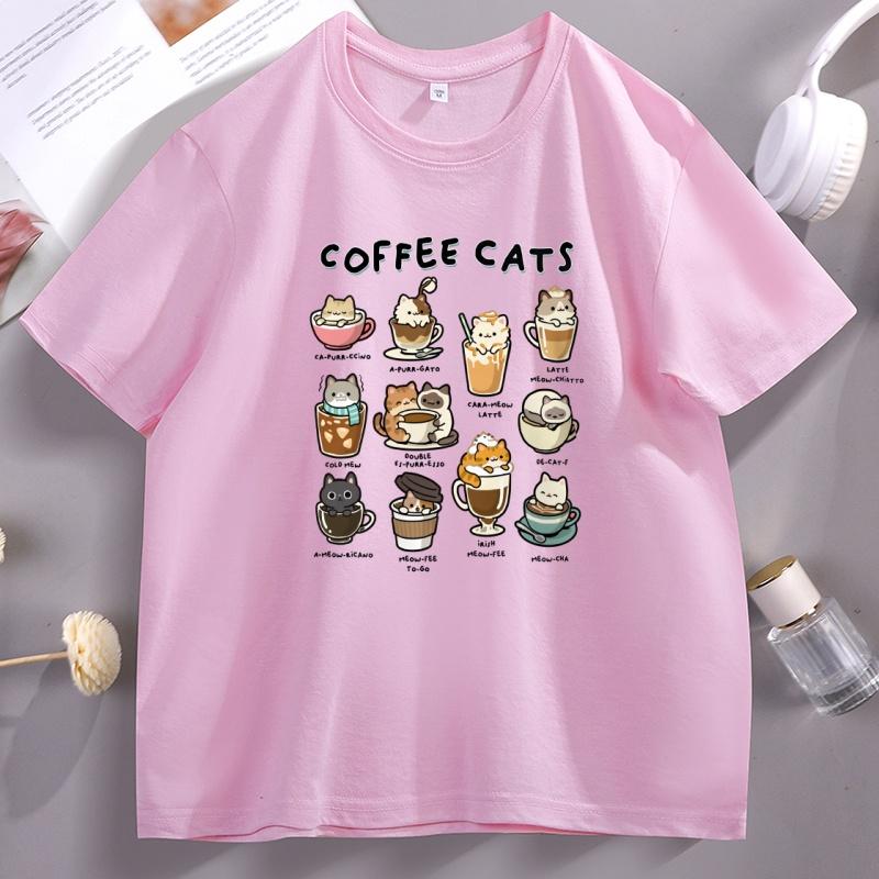 Coffee Cats T Shirt Funny Kawaii Cats Cotton Short Sleeve Round Neck Printed Tshirts Printed Summer Tshirt Casual Loose