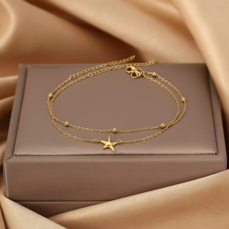 2Pcs/Set Stainless Steel Star Double-Layer Anklets for Women Ladies Waterproof Small Hole Bead Foot Chains Jewelry Accessories