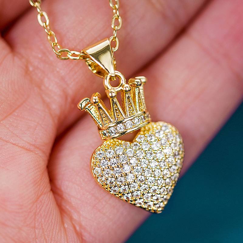 

Huitan Luxury Crown Luxury Women Gold Color Heart Pendant Necklace Full CZ Wedding Anniversary Accessories Trendy Zircon Gift