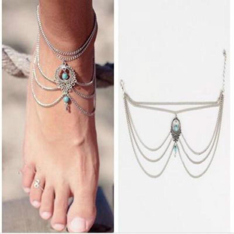 2 stücke Vintage Silber Farbe Knöchel Armband Fuß Schmuck Barfuß Sandalen Fußkettchen für Frauen