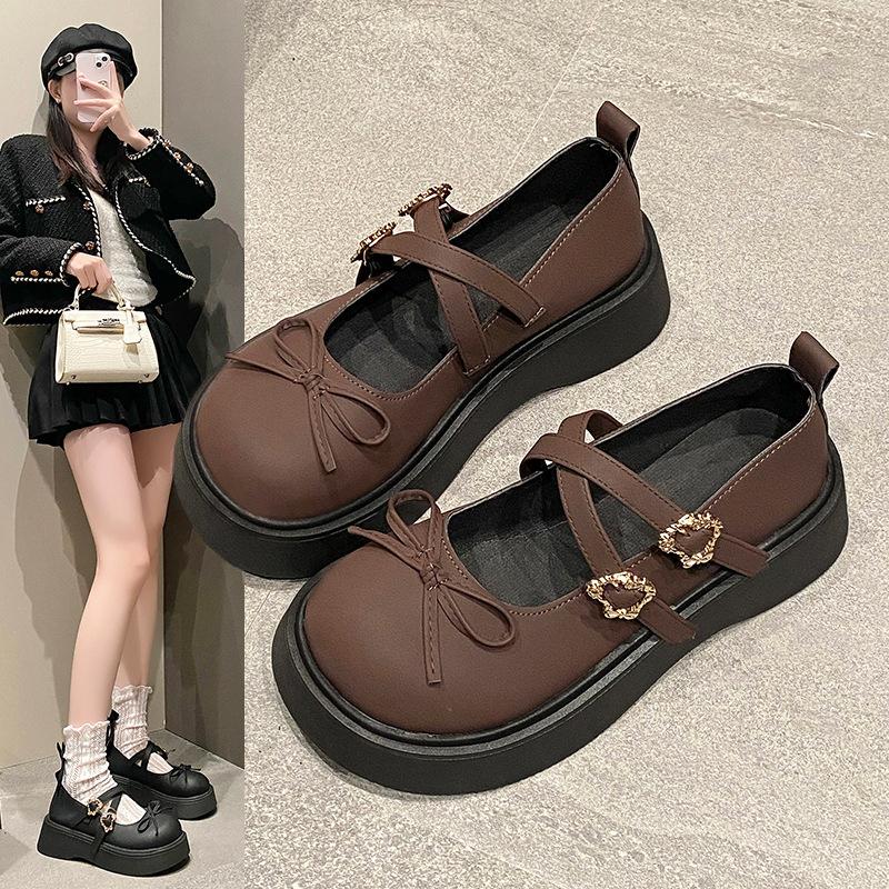 Fashion Spring New Designer Platform Loafers for Women Retro Double Buckle Casual Mary Jane Shoes Women Fashion Bow Leather Shoes Ladies