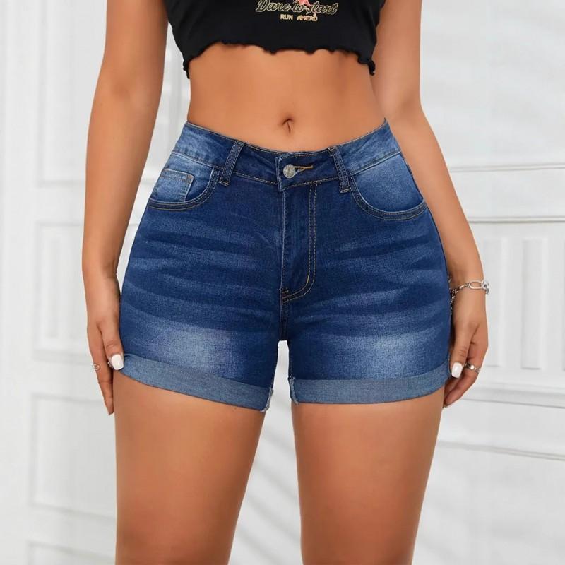 

Women s Jeans Multi-process Hemmed Design Dark Blue Shorts Elastic Simple All-matching Slim S синий