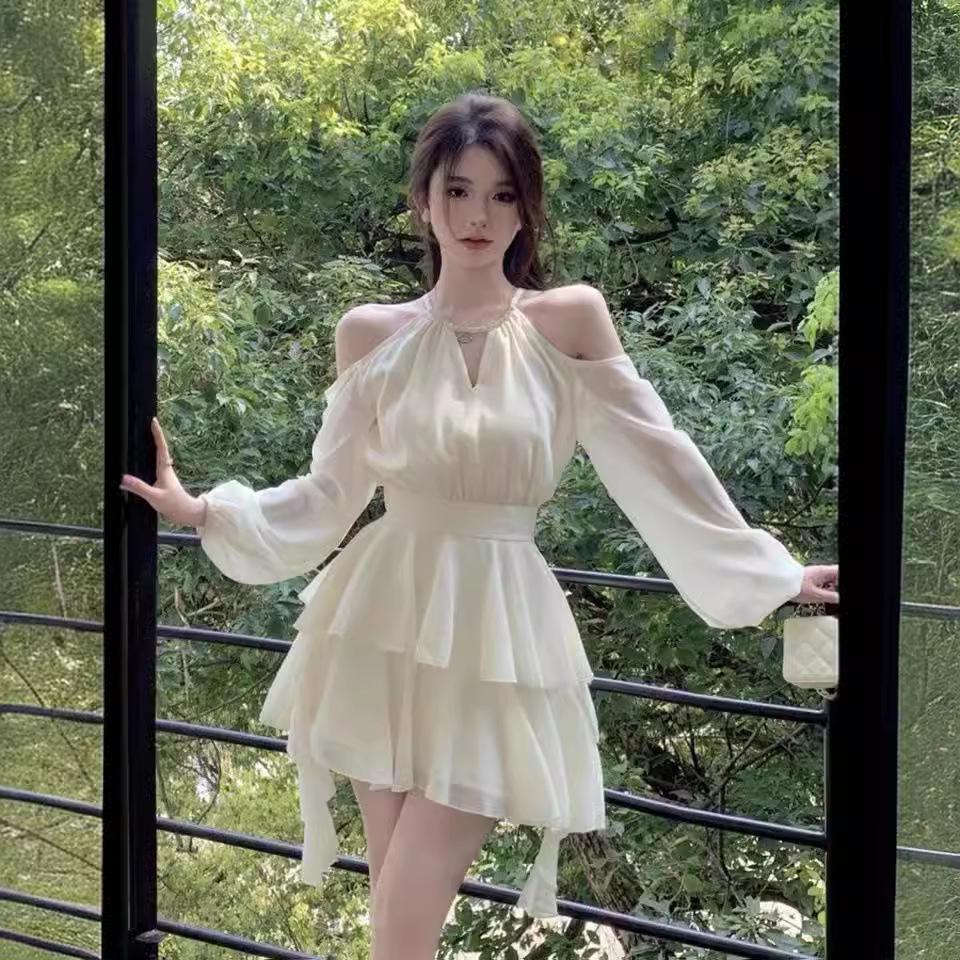 French temperament sexy off-the-shoulder neck ruffle edge waist chiffon dress women's summer new skirt