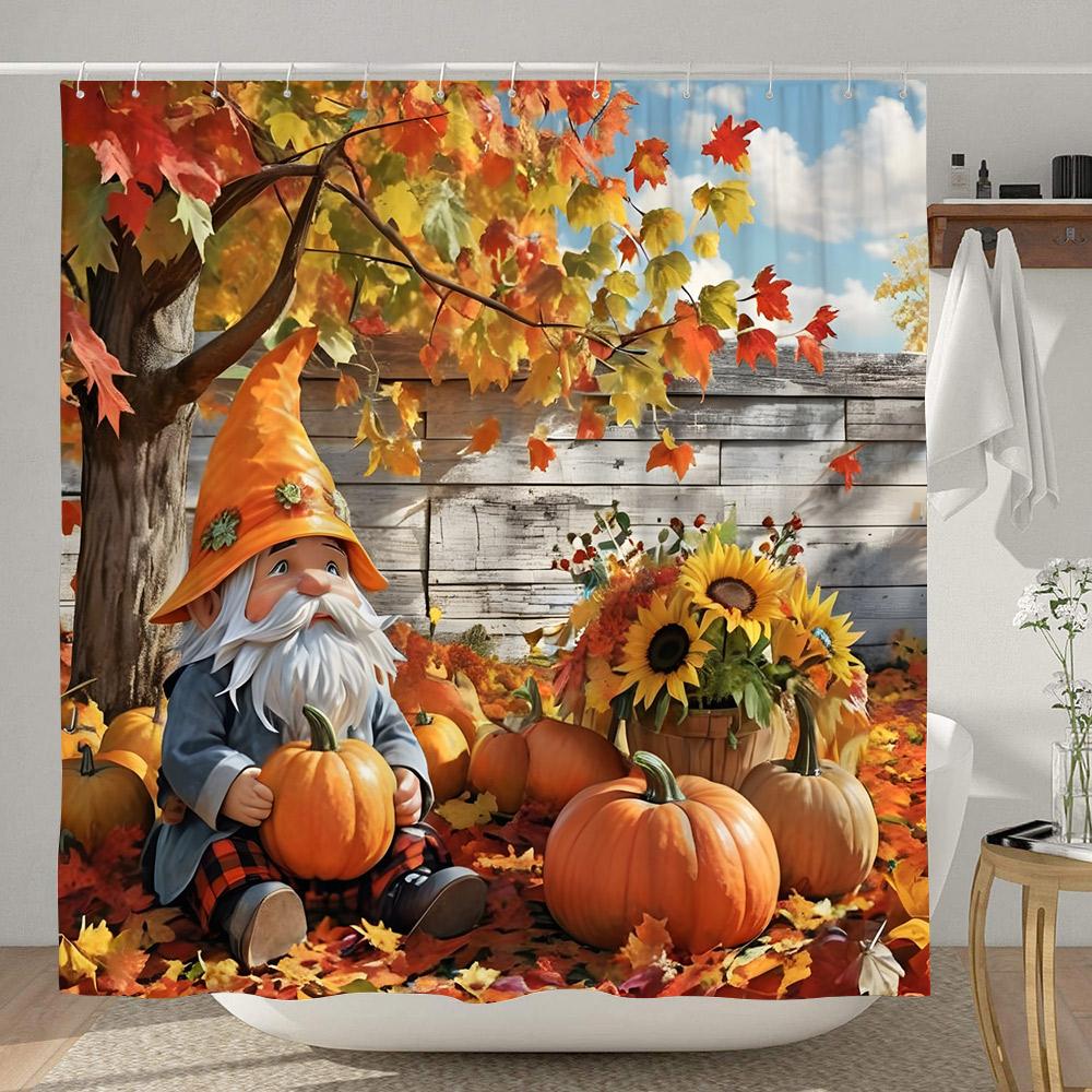 Sunflower Pumpkin Shower Curtain Thanksgiving Rustic Farm Barn Elf Cute Dog Polyester Shower Curtains Bathroom Decor with Hook