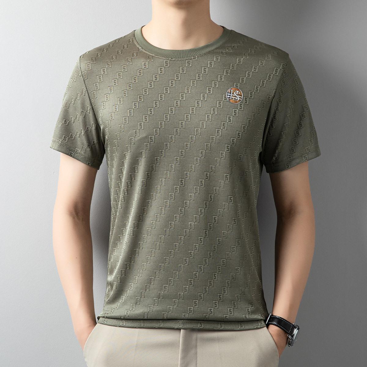 

Футболка из ледяного шелка с короткими рукавами, мужская брендовая летняя трендовая футболка Tide, красивый повседневный тонкий жаккардовый топ с темным узором 4XL