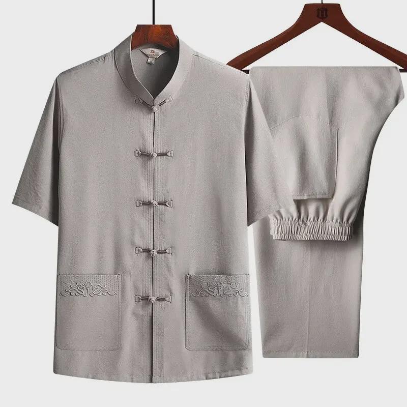 Men's Chinese Style Summer Cotton-Linen Short-Sleeve Tang Suit for Seniors
