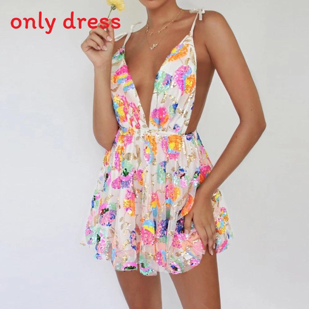 Elegant Polyester Sequin Short Dress With Vneck And Backless Design For Summer Party Wear