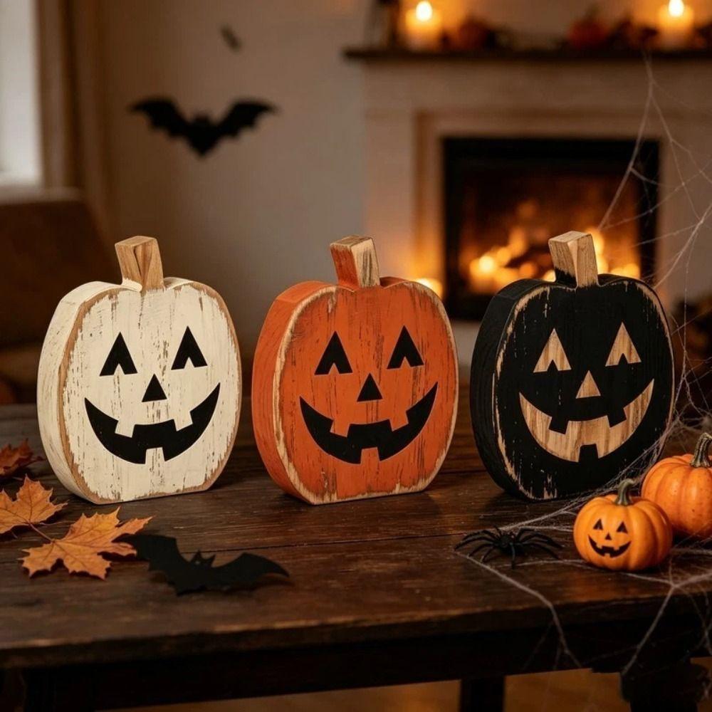 3PCS Solid Wood Pumpkin Decorations Hand Painted Halloween Ornament Dining Table Centerpiece