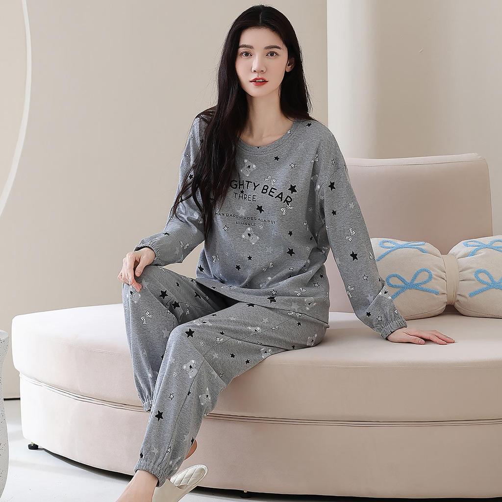 100% Cotton Women's Pajama Set – Breathable, Sweat-Absorbent, Long Sleeve Crew Neck for Indoor & Outdoor Wear (Autumn/Winter)