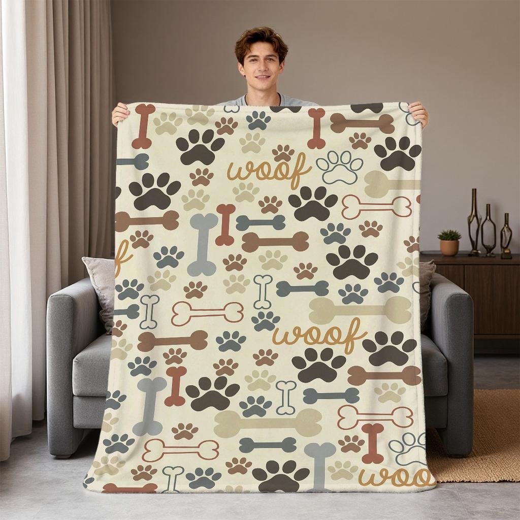 Cute Dog Paw Bone Woof Print Flannel Throw Blanket Soft Lightweight Blanket Sofa Bed Couch Home Decor Gift for Dog Pet Lovers