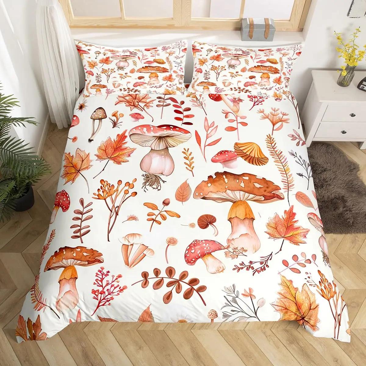 

Cute Mushroom Bedding Set King Queen Size Botanical Comforter Cover Wild Fungus Duvet Cover Colorful Plants Leaves Quilt Cover EU Single(135*200cm)3pcs