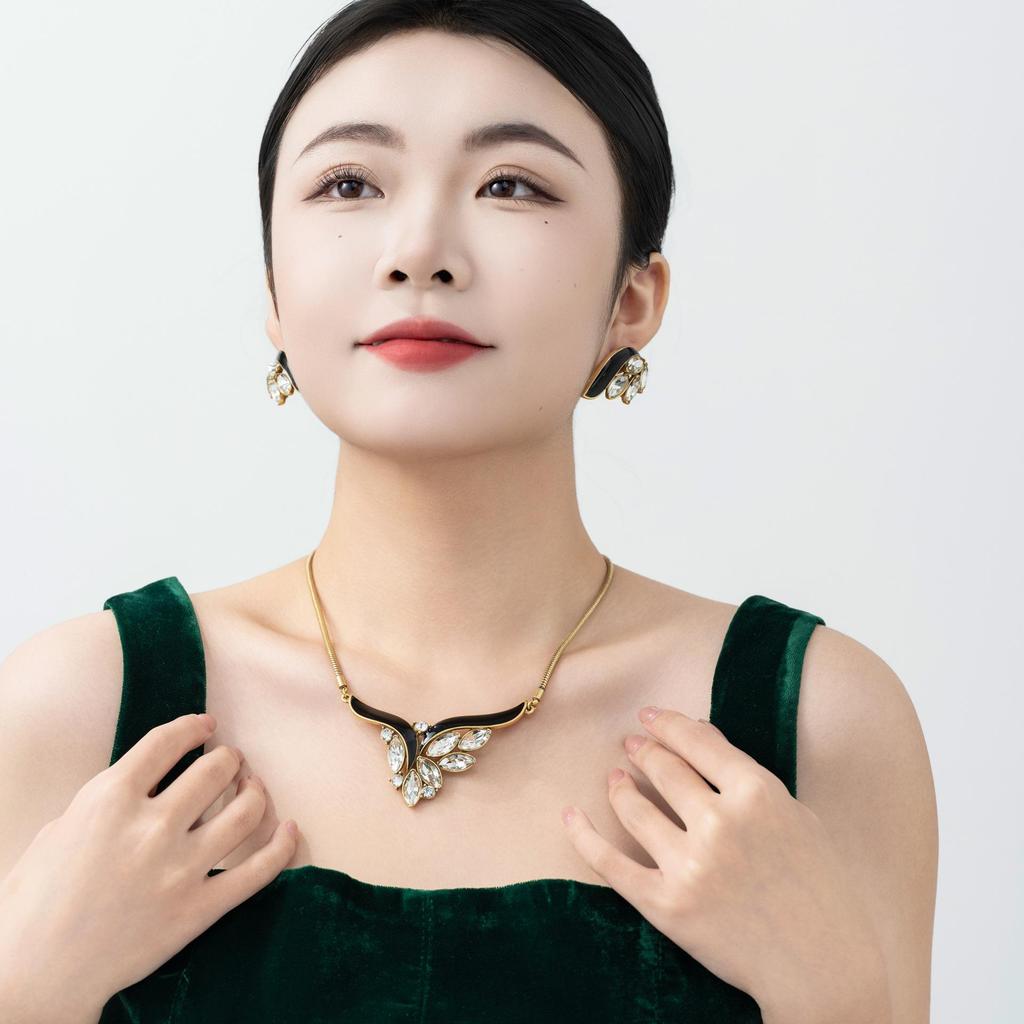 Retro Zircon Wing Necklace: Trendy Black & White Minimalist Clavicle Chain for Women