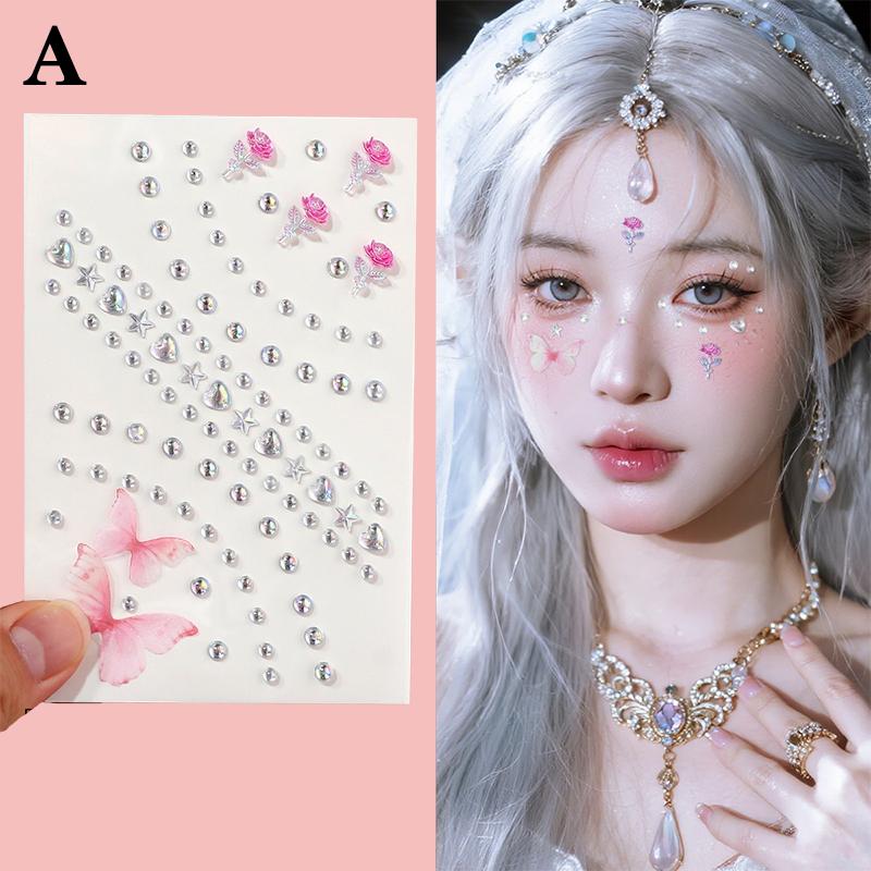 1Pcs Face Diamond Gem Pearl Sticker 3D Colorful Rhinestone Tattoo Eyeshadow Stickers Fo Festival Nail Body Makeup Bling Decor