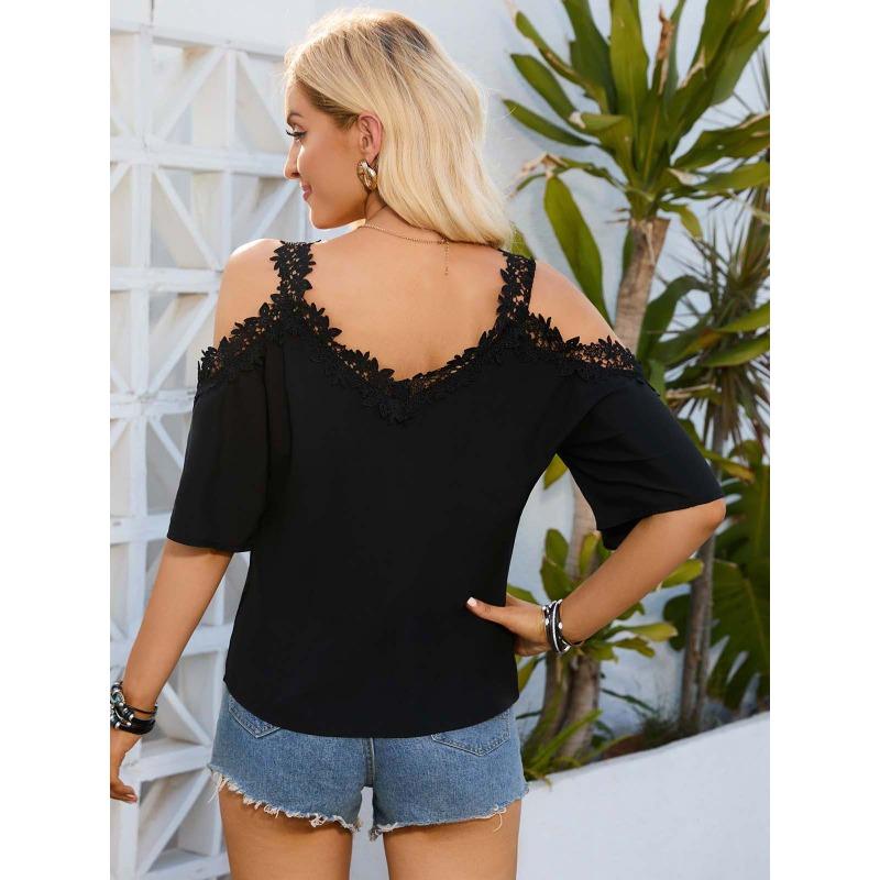 Plus Size Women's Summer V Neck Five Quarter Sleeve Sexy Off The Shoulder Halter Top