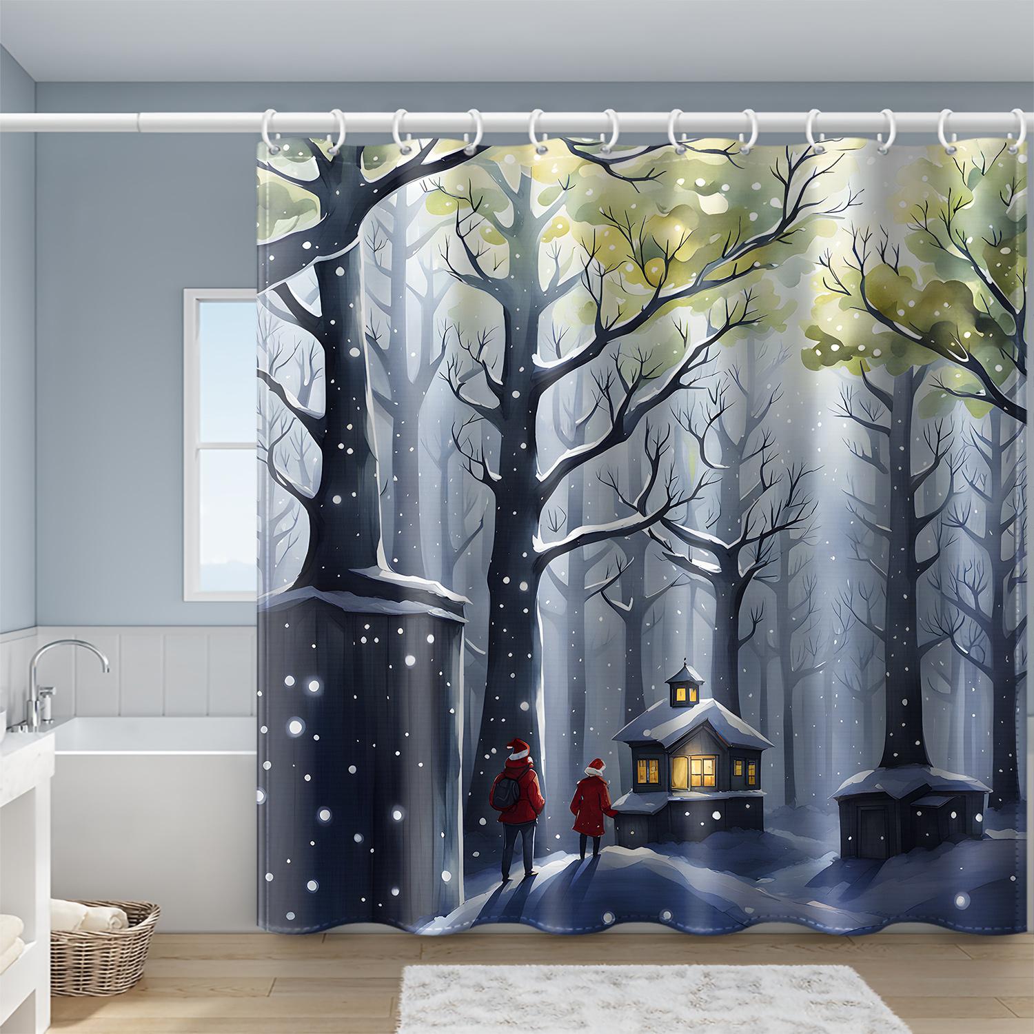 

Christmas Snowy Green Forest Shower Curtain - Polyester, Includes Hooks, 71x71 Inches, Universal Four Seasons Home/Bath Decor W90xH180cm