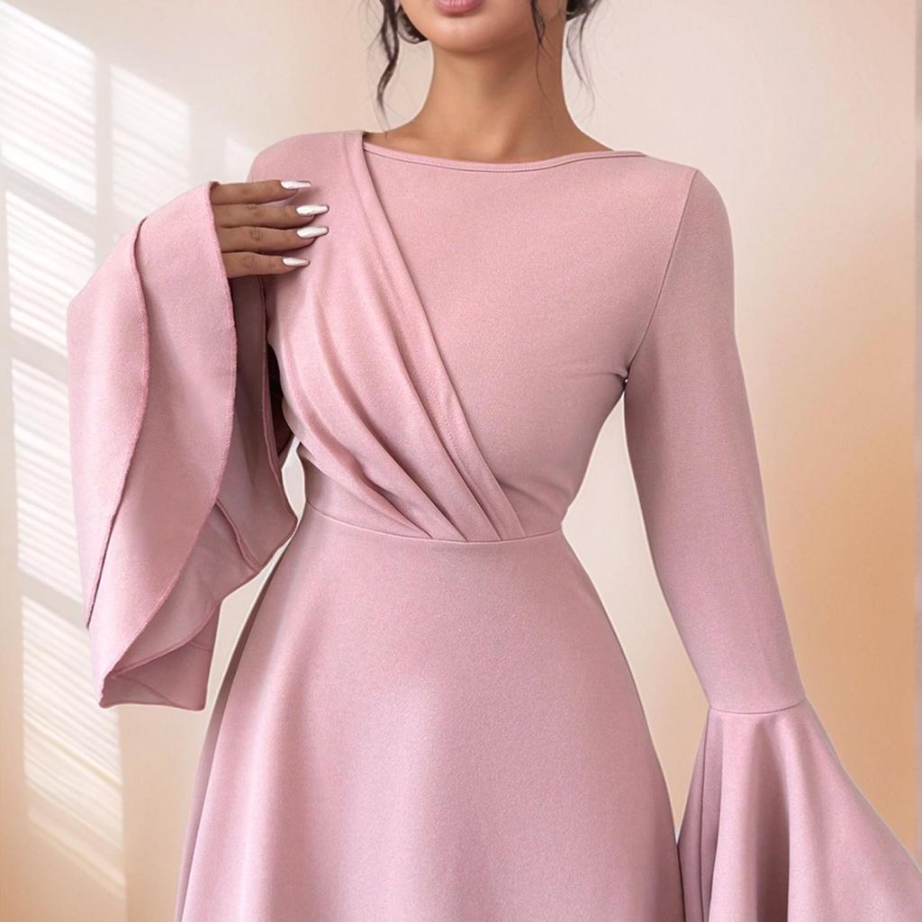 Women's Elegant European-Style Pink Long Sleeve Slim Waist Dress