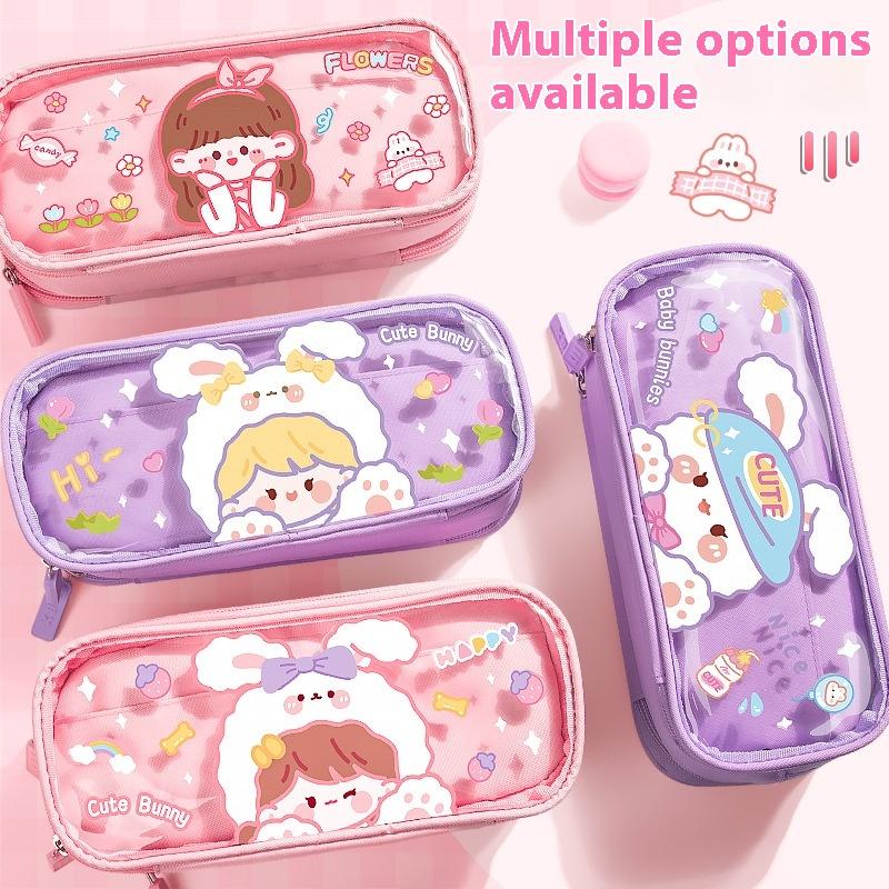 Super Large Capacity Cute Cartoon Canvas Pencil Case High Color Value Primary School Stationery Bag Transparent Plastic Material