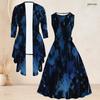 Women Plus Size Two Piece Dress Set 3 4 Sleeve Open Front Cardigan Sleeveless Round Neck Tie Waist Flared Dress Blue Black Printed