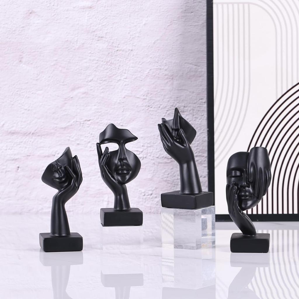 Black Abstract Thinker Figurine Set of 4, Home Art Face Small Statue for Accents Decor Women Bedroom Shelf Bookcase Room Desk, TV Stand, Coffee Table