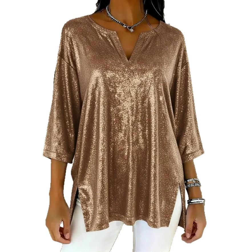 2025 Women's Shiny V-Neck Loose Split Sleeve Top