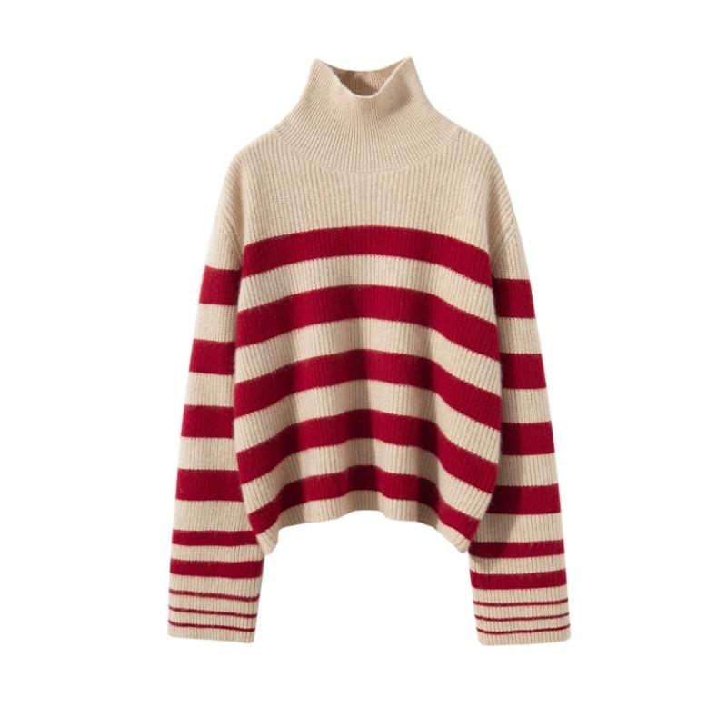 

INDFS Женская мода повседневная осень-зима полосатый принт длинный рукав высокий ворот свитера Size: One Size красный