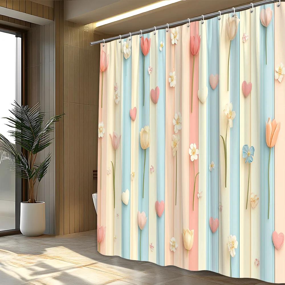 1 шт. Пастельная полосатая шторка для душа - Цветы и Сердца, Вертикальные тюльпаны и Маргаритки, Игривая и Романтичная, Полиэстер, Декор для ванной комнаты W90xH180cm