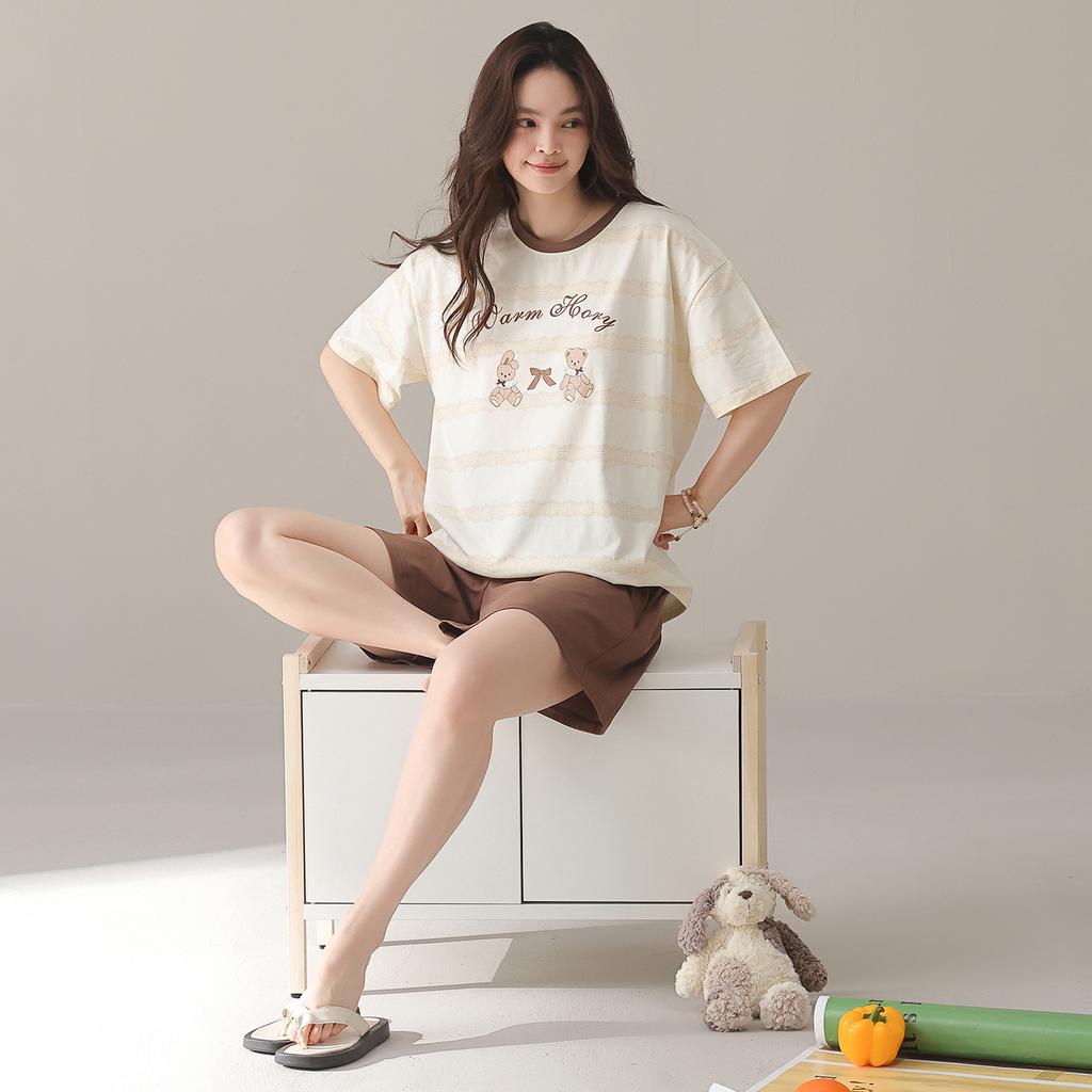 Pure cotton pajamas women's 1011 new summer casual style soft short-sleeved shorts loose and wearable loungewear set