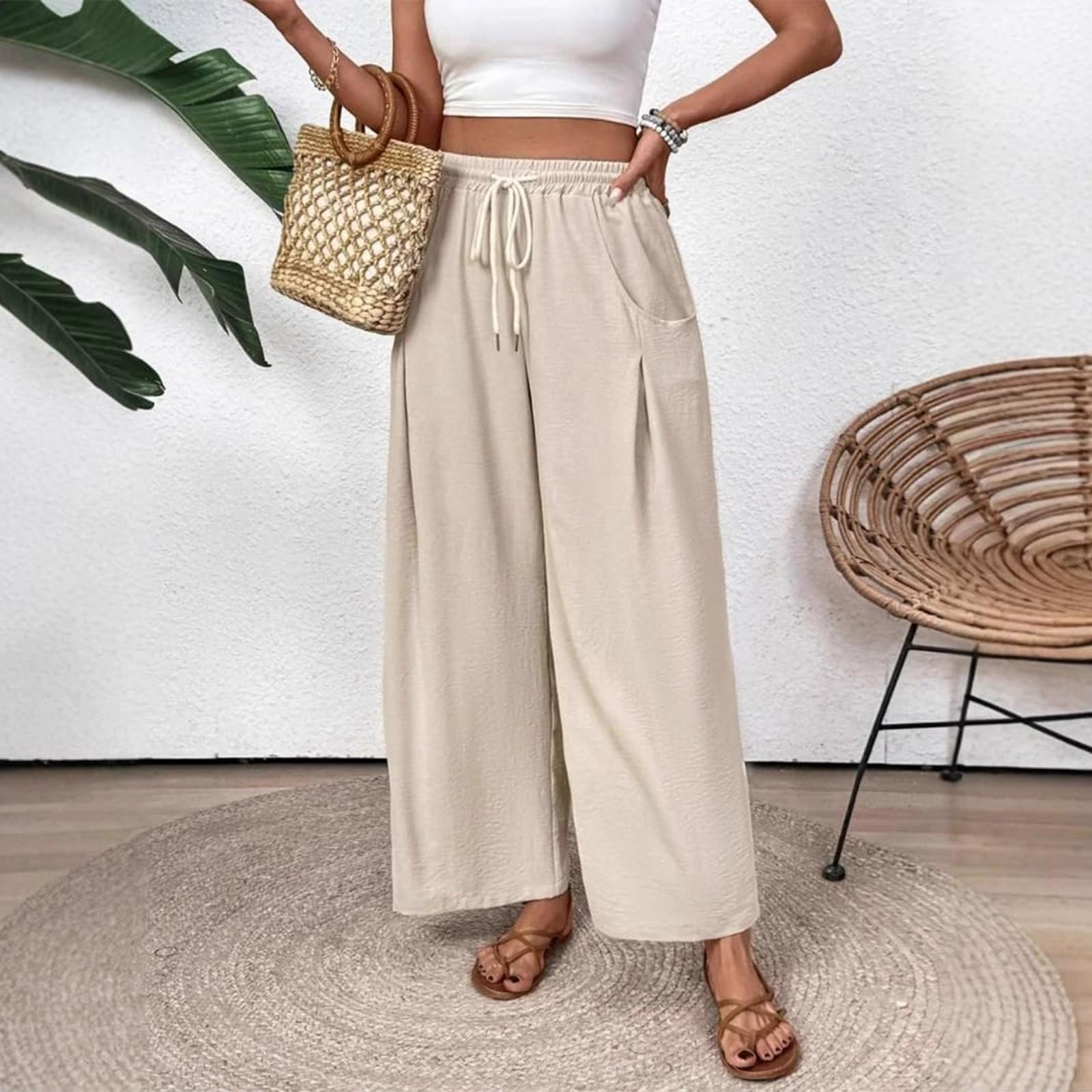 

Women s Fashion Solid Color Drawstring High Waist Elastic Waist Pocket Wide Leg Casual Pants XL хакі