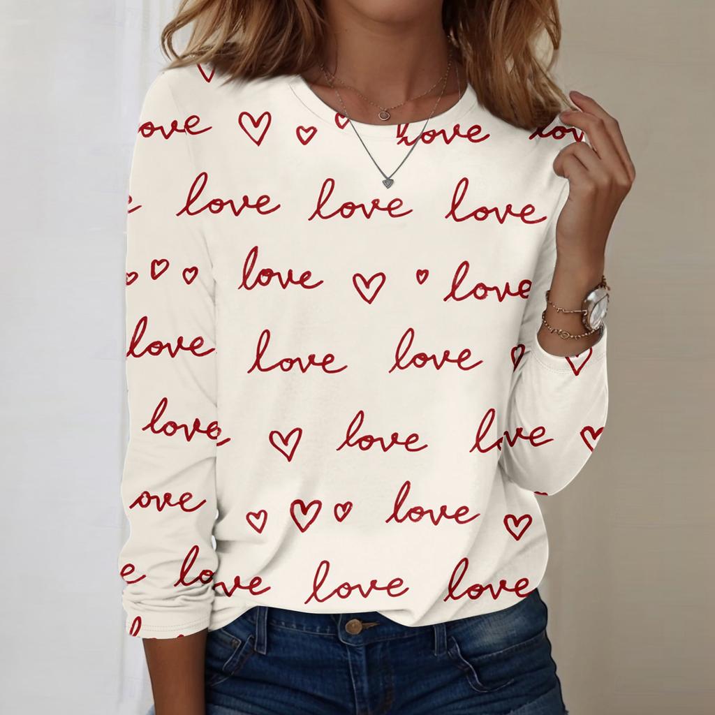Women's Heart,shaped Printed Round,neck Loose Long,sleeved Top
