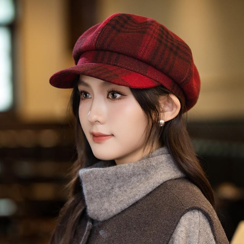 Retro Plaid Octagonal Hat Autumn Hat Women's Big Head Circumference Showing Face Small Beret Versatile Painter Hat