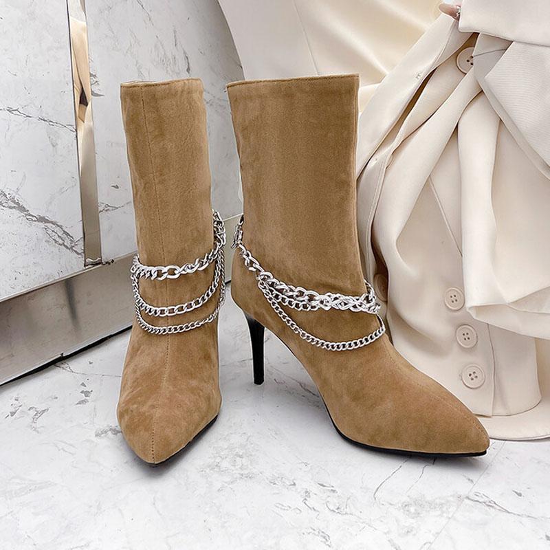Autumn Stiletto High Heels Women's Ankle Boots Metal Chain Design Suede Pointed Toe Women Sexy Shoes Black Apricot Pumps WSH4714