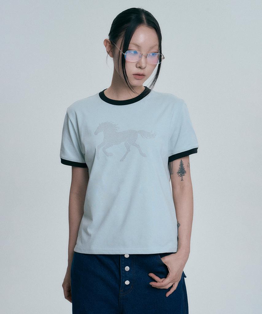 MOO Horse Hotfix Ringer Short Sleeve T-Shirt - Sky