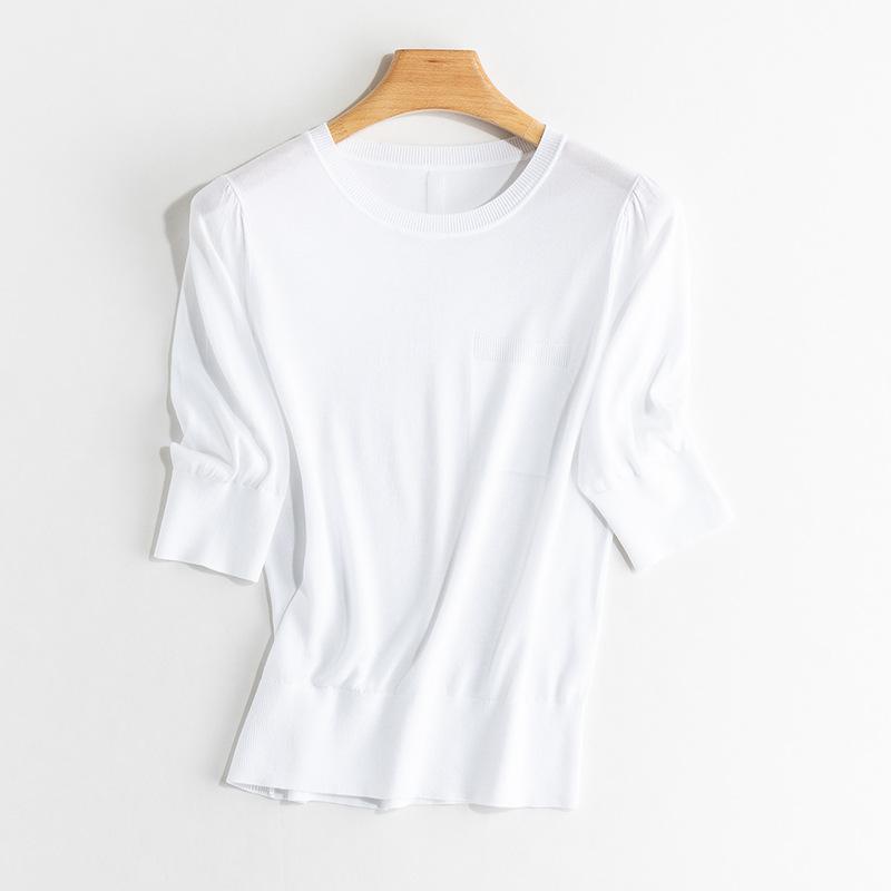 Summer new mulberry silk thin and versatile basic five-quarter-sleeved medium-sleeved knitted sweater solid color thin round neck shirt women