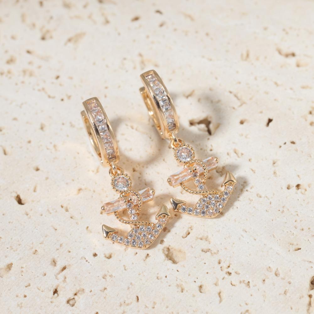 1 Pair Fashion Anchor Zirconia Dangle Earrings for Women Golden Earring Jewelry Party Accessories