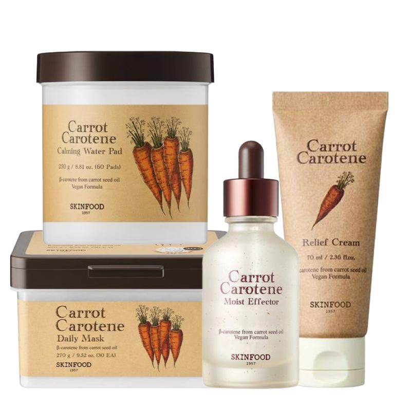 

SKINFOOD Carrot Carotene 4-Step Set (Daily Mask 30 Sheets + Calming Pad 60 Sheets + Moist Effector 52ml + Relief Cream 70ml) Soothing & Barrier Care