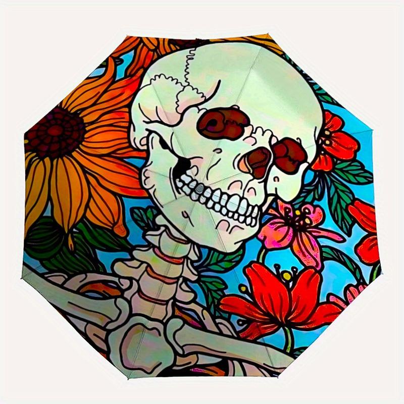 

1pc Skull Flowers Automatic Open/close Umbrella, 8-Rib sturdy structure, Portable Travel Umbrella, Parties, Everyday Use, Outdoor Accessory,