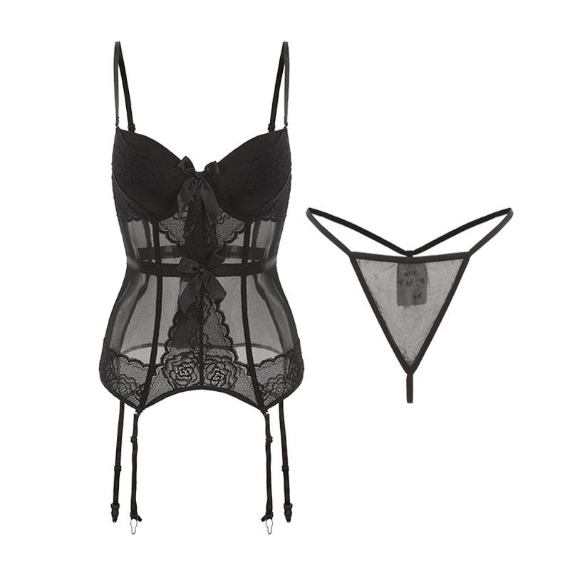 Women's Lace Sheer Deep V Underwire Padded Costume Lingerie Set