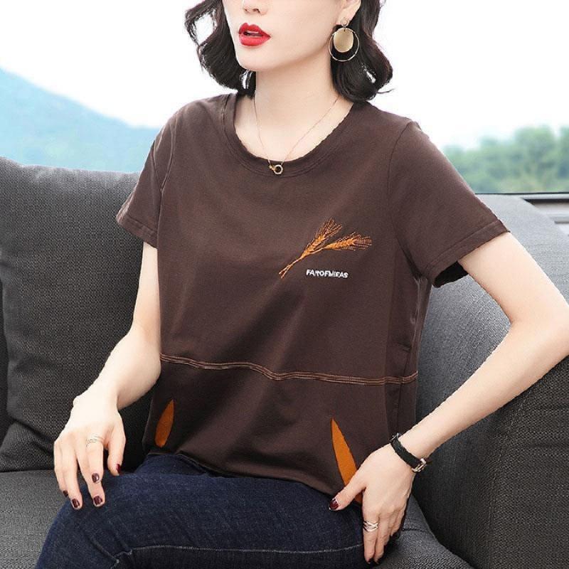 

Женская футболка большого размера на лето, с коротким рукавом, круглым вырезом, новая вышитая повседневная футболка для матери среднего возраста XL