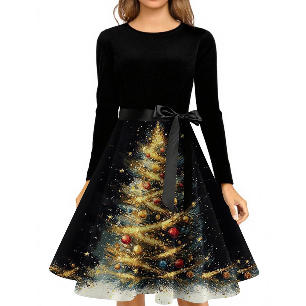 Women's Fashionable And Elegant Autmn And Winter Long-sleeved Christmas Tree Print Dress