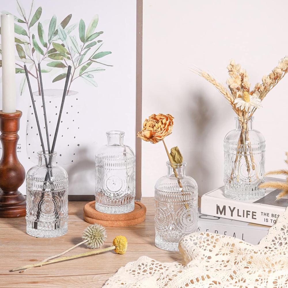 Glass Bud Vases Set of 6 Small Clear Bud Vases In Bulk, Mini Vintage Decorative Bottles, Modern Floral Centerpiece for Flowers