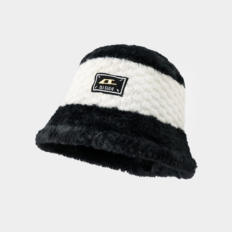 Korean Version of Autumn and Winter New Hat for Women Plush Fisherman Hat for Women High-end Metal Label for Winter Warm Face-showing Small Basin Hat