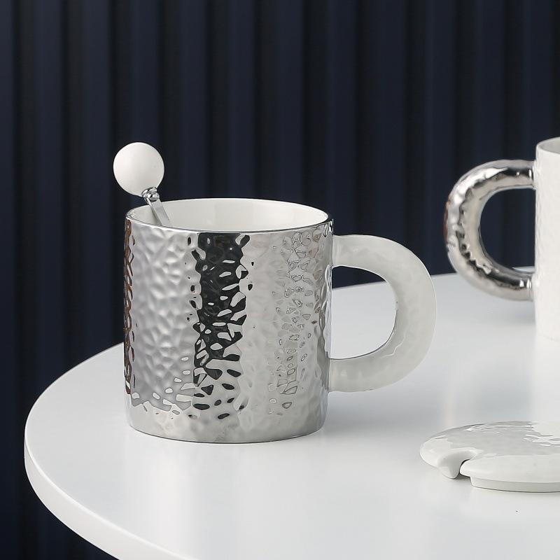Light Luxury Hammer Pattern Mug High Value Ceramic Cup Household Coffee Cup with Lid Spoon Creative Water Cup Gift Gift