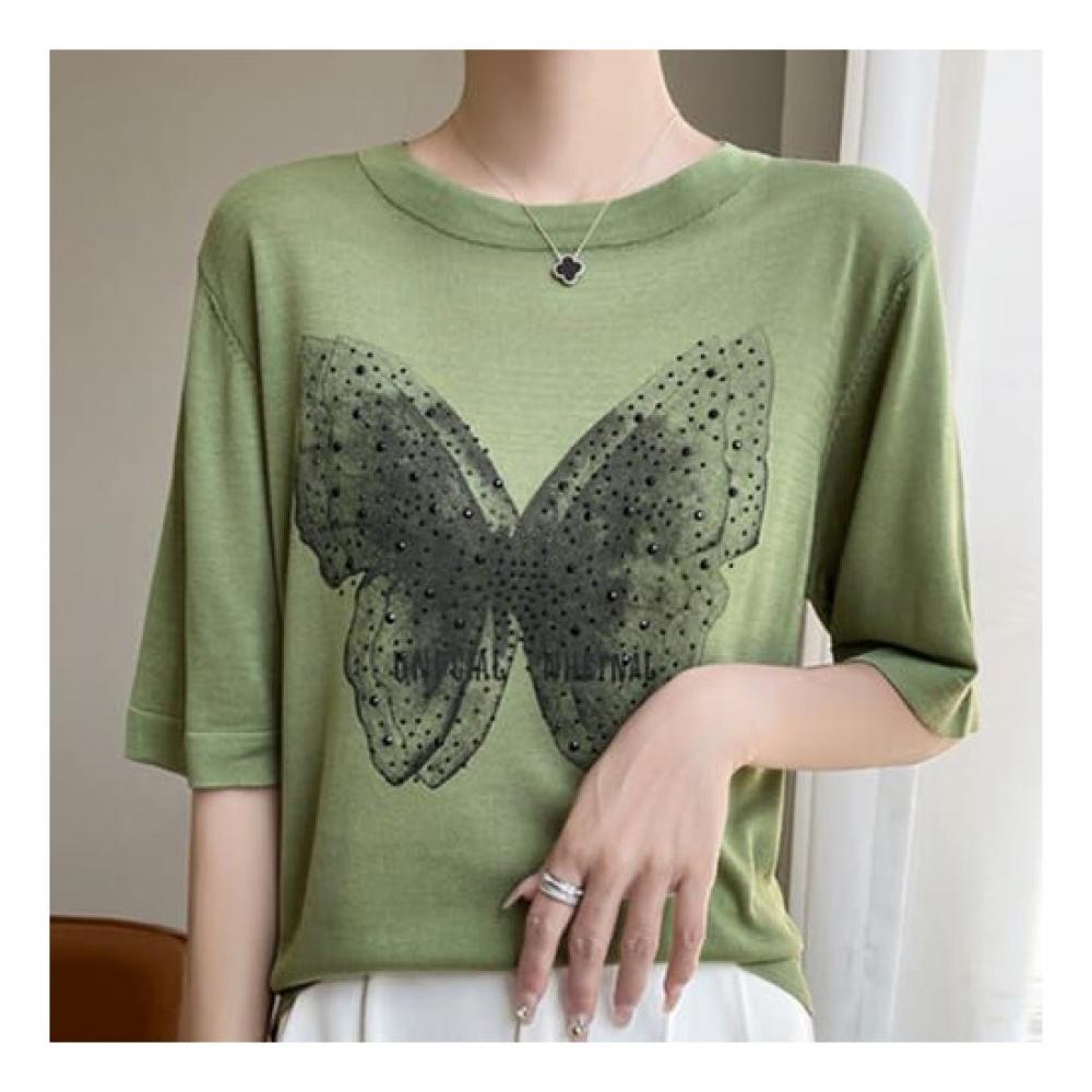 Navava Women BuTTerfly PrinT Round Neck 5 Sleeve KniT T shirT Nk2164